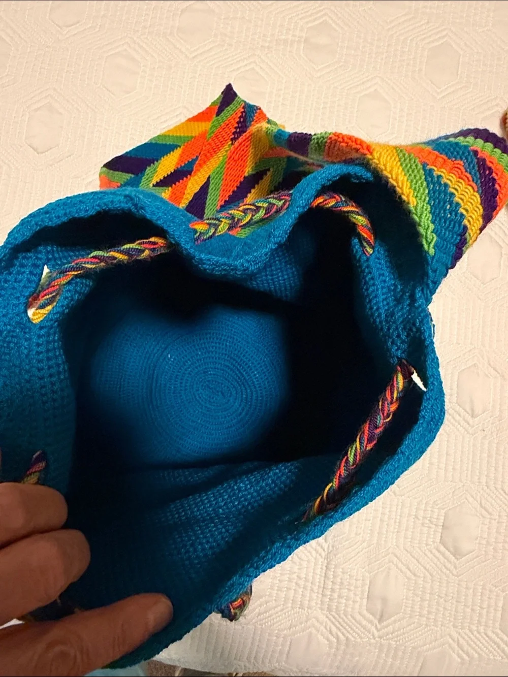 Handwoven Teal Bucket Bag with Multi-Color Strap Handmade wayuu tribe